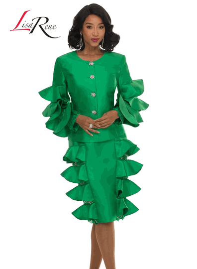 Lisa Rene <br> (Fall/Holiday 2026) <br> LR3401 <br> <br> GREEN <br> 8 10 12 14 16 18 20<br> <br> 2pc. Jacket & Skirt Set <br> Virtual Silk Look Fabric Designed With Lace & Sequin Novelty Fabric & Rhinestone Buttons