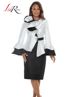 Lisa Rene <br> (Fall/Holiday 2026) <br> LR3403 <br> <br> WHITE/BLACK <br> 8 10 12 14 16 18 20<br> <br> 2pc. Jacket & Skirt Set <br> Virtual Silk Look Fabric With Novelty Trims