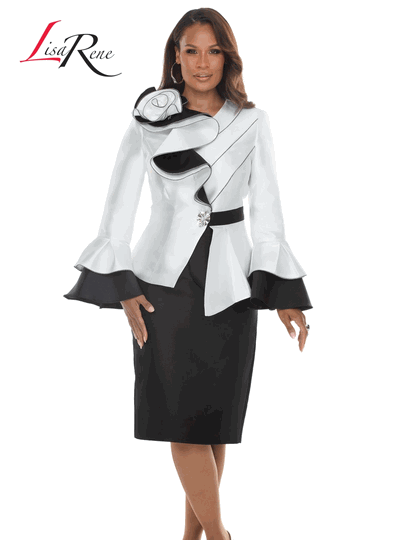 Lisa Rene <br> (Fall/Holiday 2026) <br> LR3403 <br> <br> WHITE/BLACK <br> 8 10 12 14 16 18 20<br> <br> 2pc. Jacket & Skirt Set <br> Virtual Silk Look Fabric With Novelty Trims