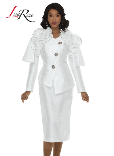 Lisa Rene <br> (Fall/Holiday 2026) <br> LR3405 <br> <br> WHITE <br> 8 10 12 14 16 18 20<br> <br> 2pc. Jacket & Skirt Set <br> Virtual Silk Look Fabric Trimmed With Rhinestones & Pearls