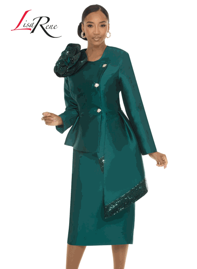 Lisa Rene <br> (Fall/Holiday 2026) <br> LR66972-HU <br> <br> HUNTER-GREEN <br> 8 10 12 14 16 18 20 22 24 26<br> <br> 2pc. Jacket & Skirt Set <br> Virtual Silk Fabric Trimmed With Novelty Sequins With A Beautiful Corsage And Metallic Gold Buttons With Rhinestones