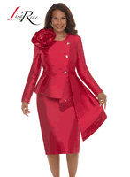 Lisa Rene <br> (Fall/Holiday 2026) <br> LR66972-RE <br> <br> RED <br> 8 10 12 14 16 18 20 22 24 26<br> <br> 2pc. Jacket & Skirt Set <br> Virtual Silk Fabric Trimmed With Novelty Sequins With A Beautiful Corsage And Metallic Gold Buttons With Rhinestones