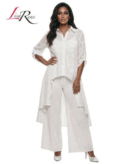 Lisa Rene <br> (Spring/Summer 2026) <br> LR3367 <br> <br> WHITE <br> S M L XL 1x 2x<br> <br> 2Pc. Hi-Low Tunic & Pant Set <br> Linen
