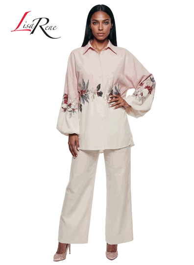 Lisa Rene <br> (Spring/Summer 2026) <br> LR3369 <br> <br> LT.PINK/BEIGE <br> S M L XL 1x 2x<br> <br> 2Pc. Tunic & Pant Set <br> Linen