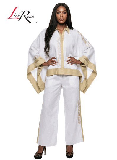 Lisa Rene <br> (Spring/Summer 2026) <br> LR3371 <br> <br> WHITE/KHAKI <br> S M L XL 1x 2x<br> <br> 2Pc. Tunic & Pant Set <br> Linen