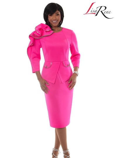 Lisa Rene <br> (Spring/Summer 2026) <br> LR3372-FU <br> <br> FUCHSIA <br> 8 10 12 14 16 18 20 22 24 26<br> <br> Dress <br> Poly/Spandex Fabric With Rhinestone Trims & Buttons