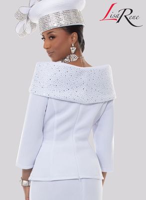 Lisa Rene <br> (Spring/Summer 2026) <br> LR3373-PU <br> <br> PURE-WHITE <br> 8 10 12 14 16 18 20 22 24 26<br> <br> 2pc. Jacket & Skirt Set <br> Poly/Spandex Fabric With Rhinestone Trims
