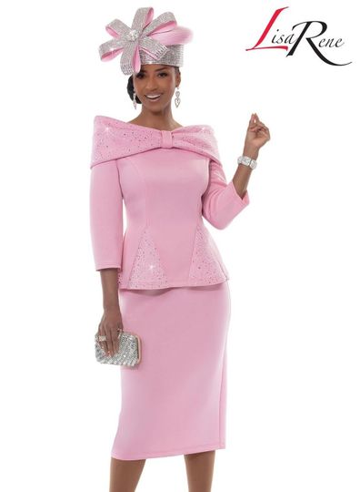 Lisa Rene <br> (Spring/Summer 2026) <br> LR3373-PI <br> <br> PINK <br> 8 10 12 14 16 18 20 22 24 26<br> <br> 2pc. Jacket & Skirt Set <br> Poly/Spandex Fabric With Rhinestone Trims