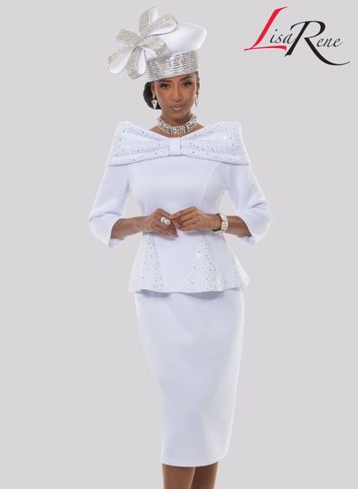 Lisa Rene <br> (Spring/Summer 2026) <br> LR3373-PU <br> <br> PURE-WHITE <br> 8 10 12 14 16 18 20 22 24 26<br> <br> 2pc. Jacket & Skirt Set <br> Poly/Spandex Fabric With Rhinestone Trims