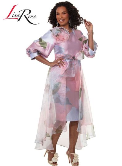Lisa Rene <br> (Spring/Summer 2026) <br> LR3374 <br> <br> PINK <br> 8 10 12 14 16 18 20 22<br> <br> Dress <br> Virtual Silk Look Novelty Fabric With Printed Chiffon & Rhinestone Broach