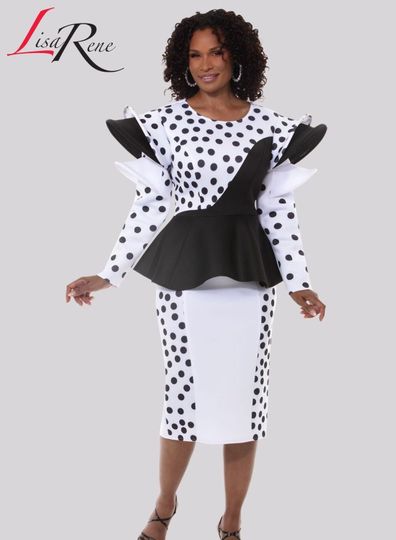 Lisa Rene <br> (Spring/Summer 2026) <br> LR3376 <br> <br> WHITE/BLACK <br> 8 10 12 14 16 18 20 22<br> <br> 2pc. Jacket & Skirt Set <br> Poly/Spandex Fabric In Polka Dot & Solid
