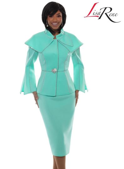 Lisa Rene <br> (Spring/Summer 2026) <br> LR3377-MI <br> <br> MINT/SILVER <br> 10 12 14 16 18 20 22 24<br> <br> 2pc. Jacket & Skirt Set <br> Poly/Spandex Fabric With Rhinestone Button