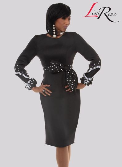 Lisa Rene <br> (Spring/Summer 2026) <br> LR3378-BL <br> <br> BLACK <br> 8 10 12 14 16 18 20 22<br> <br> Dress <br> Poly/Spandex Fabric With Pearl Trims