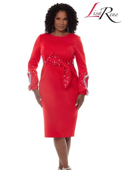 Lisa Rene <br> (Spring/Summer 2026) <br> LR3378-RE <br> <br> RED <br> 8 10 12 14 16 18 20 22<br> <br> Dress <br> Poly/Spandex Fabric With Pearl Trims