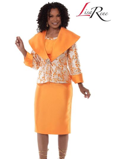 Lisa Rene <br> (Spring/Summer 2026) <br> LR3379 <br> <br> TANGERINE <br> 10 12 14 16 18 20 22 24<br> <br> 3pc. Jacket, Cami & Skirt Set <br> Novelty Fabric & Silk Look Fabric Trimmed With Rhinestone Buckle