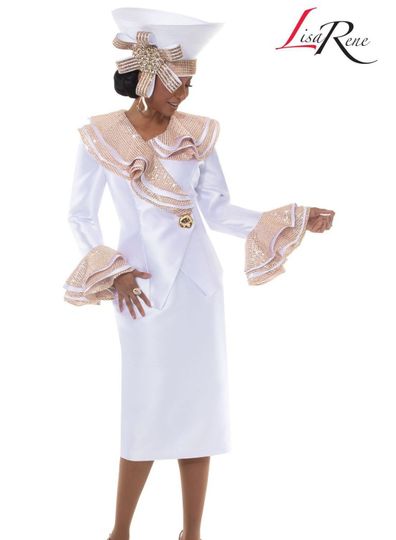 Lisa Rene <br> (Spring/Summer 2026) <br> LR3381 <br> <br> WHITE/GOLD <br> 10 12 14 16 18 20 22 24 26<br> <br> 2pc. Jacket & Skirt Set <br> Virtual Silk Look Fabric With Gold Sequins Novelty Fabric