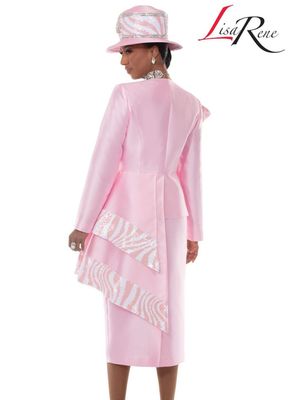 Lisa Rene <br> (Spring/Summer 2026) <br> LR3382 <br> <br> PINK <br> 10 12 14 16 18 20 22 24 26<br> <br> 2pc. Jacket & Skirt Set <br> Virtual Silk Look Fabric With White & Pearl Sequins Trims & Pink Rhinestone Buckle