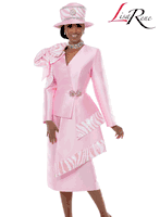 Lisa Rene <br> (Spring/Summer 2026) <br> LR3382 <br> <br> PINK <br> 10 12 14 16 18 20 22 24 26<br> <br> 2pc. Jacket & Skirt Set <br> Virtual Silk Look Fabric With White & Pearl Sequins Trims & Pink Rhinestone Buckle