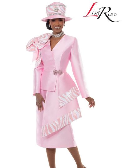 Lisa Rene <br> (Spring/Summer 2026) <br> LR3382 <br> <br> PINK <br> 10 12 14 16 18 20 22 24 26<br> <br> 2pc. Jacket & Skirt Set <br> Virtual Silk Look Fabric With White & Pearl Sequins Trims & Pink Rhinestone Buckle
