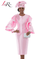 Lisa Rene <br> (Spring/Summer 2026) <br> LR3385-PI <br> <br> PINK <br> 10 12 14 16 18 20 22 24 26<br> <br> 2pc. Jacket & Skirt Set <br> Silk Look Fabric Trimmed With Embroidery Broach & Rhinestones