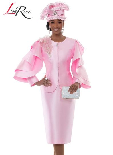 Lisa Rene <br> (Spring/Summer 2026) <br> LR3385-PI <br> <br> PINK <br> 10 12 14 16 18 20 22 24 26<br> <br> 2pc. Jacket & Skirt Set <br> Silk Look Fabric Trimmed With Embroidery Broach & Rhinestones