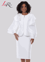 Lisa Rene <br> (Spring/Summer 2026) <br> LR3385-PU <br> <br> PURE-WHITE <br> 10 12 14 16 18 20 22 24 26<br> <br> 2pc. Jacket & Skirt Set <br> Silk Look Fabric Trimmed With Embroidery Broach & Rhinestones