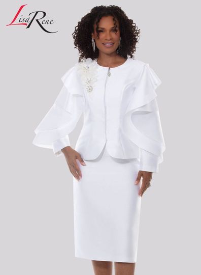 Lisa Rene <br> (Spring/Summer 2026) <br> LR3385-PU <br> <br> PURE-WHITE <br> 10 12 14 16 18 20 22 24 26<br> <br> 2pc. Jacket & Skirt Set <br> Silk Look Fabric Trimmed With Embroidery Broach & Rhinestones
