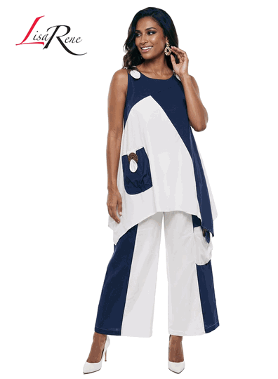 Lisa Rene <br> (Spring/Summer 2026) <br> LR3389 <br> <br> WHITE/NAVY <br> S M L XL 1x 2x<br> <br> 2Pc. Tunic & Pant Set <br> Linen