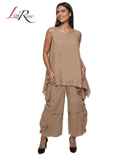 Lisa Rene <br> (Spring/Summer 2026) <br> LR3390 <br> <br> KHAKI <br> S M L XL 1x 2x<br> <br> 2Pc. Tunic & Pant Set <br> Linen