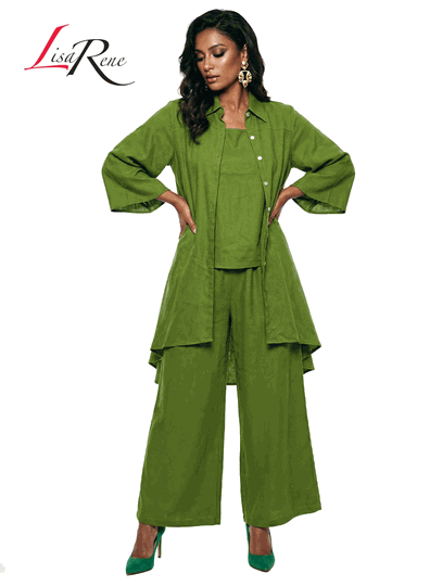 Lisa Rene <br> (Spring/Summer 2026) <br> LR3392 <br> <br> M.GREEN <br> S M L XL 1x 2x<br> <br> 3Pc. Jacket, Cami & Pant Set <br> Linen