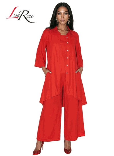Lisa Rene <br> (Spring/Summer 2026) <br> LR3392 <br> <br> RED <br> S M L XL 1x 2x<br> <br> 3Pc. Jacket, Cami & Pant Set <br> Linen