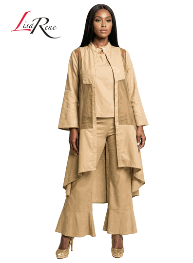 Lisa Rene <br> (Spring/Summer 2026) <br> LR3393 <br> <br> KHAKI <br> S M L XL 1x 2x<br> <br> 3Pc. Jacket, Cami & Pant Set <br> Linen