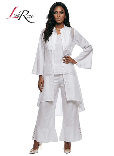 Lisa Rene <br> (Spring/Summer 2026) <br> LR3393 <br> <br> WHITE <br> S M L XL 1x 2x<br> <br> 3Pc. Jacket, Cami & Pant Set <br> Linen