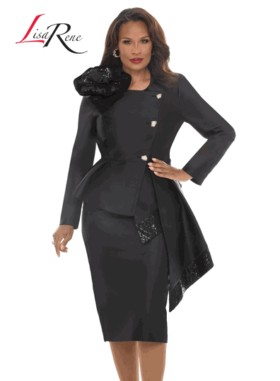 Lisa Rene <br> (Fall/Holiday 2026) <br> LR66972-BL <br> <br> BLACK <br> 8 10 12 14 16 18 20 22 24 26<br> <br> 2pc. Jacket & Skirt Set <br> Virtual Silk Fabric Trimmed With Novelty Sequins With A Beautiful Corsage And Metallic Gold Buttons With Rhinestones