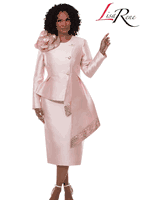 Lisa Rene <br> (Spring/Summer 2026) <br> LR66972-BL <br> <br> BLUSH <br> 8 10 12 14 16 18 20 22 24 26<br> <br> 2pc. Jacket & Skirt Set <br> Virtual Silk Fabric Trimmed With Novelty Sequins With A Beautiful Corsage And Metallic Gold Buttons With Rhinestones