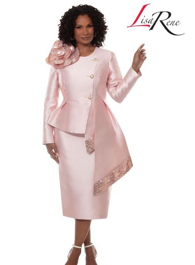 Lisa Rene <br> (Spring/Summer 2026) <br> LR66972-BL <br> <br> BLUSH <br> 8 10 12 14 16 18 20 22 24 26<br> <br> 2pc. Jacket & Skirt Set <br> Virtual Silk Fabric Trimmed With Novelty Sequins With A Beautiful Corsage And Metallic Gold Buttons With Rhinestones