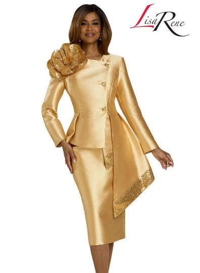 Lisa Rene <br> (Spring/Summer 2026) <br> LR66972-GO <br> <br> GOLD <br> 8 10 12 14 16 18 20 22 24 26<br> <br> 2pc. Jacket & Skirt Set <br> Virtual Silk Fabric Trimmed With Novelty Sequins With A Beautiful Corsage And Metallic Gold Buttons With Rhinestones