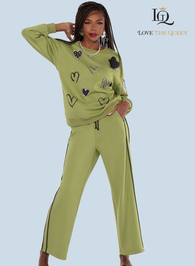 Love The Queen <br> (Fall/Holiday 2025) <br> LTQ17638 <br> <br> KIWI GREEN <br> S M L XL 1X 2X<BR><BR>2pc. Top & Pant Set