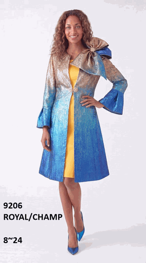 Lusso <br> (Fall/Winter 2026) <br> LU9206 <br><br>Royal/Champagne <br> 8 10 12 14 16 18 20 22 24<br><br>Ombre color duster w/solid dress, flare sleeves & oversized bow