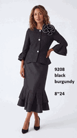 Lusso <br> (Fall/Winter 2026) <br> LU9208 <br><br>Black <br> Burgundy <br> 8 10 12 14 16 18 20 22 24<br><br>Mermaid skirt w/ribbed fabric jacket, deco buttons & flower brooch Lusso <br> (Fall/Winter 2026) <br> LU9208 <br><br>Black <br> Burgundy <br> 8 10 12 14 16 18 20 22 24<br><br>Mermaid skirt w/ribbed fabric jacket, deco buttons & flower brooch