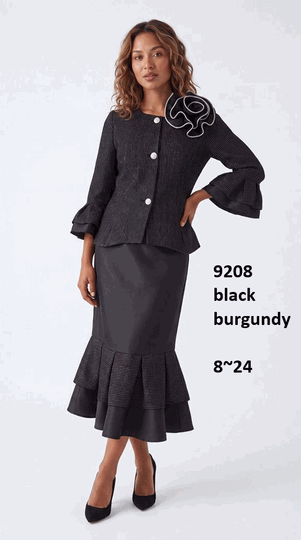 Lusso <br> (Fall/Winter 2026) <br> LU9208 <br><br>Black  <br>  Burgundy <br> 8 10 12 14 16 18 20 22 24<br><br>Mermaid skirt w/ribbed fabric jacket, deco buttons & flower brooch