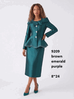 Lusso <br> (Fall/Winter 2026) <br> LU9209 <br><br>Brown <br> Emerald <br> Purple <br> 8 10 12 14 16 18 20 22 24<br><br>Peplum skirt suit w/portrait collar, rhinestone buttons & sparkle trim Lusso <br> (Fall/Winter 2026) <br> LU9209 <br><br>Brown <br> Emerald <br> Purple <br> 8 10 12 14 16 18 20 22 24<br><br>Peplum skirt suit w/portrait collar, rhinestone buttons & sparkle trim