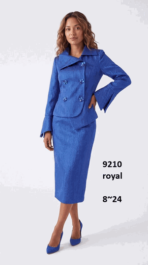 Lusso <br> (Fall/Winter 2026) <br> LU9210 <br><br>Royal <br> 8 10 12 14 16 18 20 22 24<br><br>Double breasted skirt suit w/asymmetrical collar & matching rhinestone buttons
