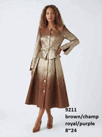 Lusso <br> (Fall/Winter 2026) <br> LU9211-BR <br><br>Brown/Champagne <br> 8 10 12 14 16 18 20 22 24<br><br>Metallic ombre peplum dress w/pleats & gold buttons Lusso <br> (Fall/Winter 2026) <br> LU9211-BR <br><br>Brown/Champagne <br> 8 10 12 14 16 18 20 22 24<br><br>Metallic ombre peplum dress w/pleats & gold buttons