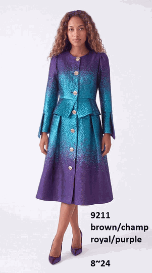 Lusso <br> (Fall/Winter 2026) <br> LU9211-RO <br><br>Royal/Purple <br> 8 10 12 14 16 18 20 22 24<br><br>Metallic ombre peplum dress w/pleats & gold buttons