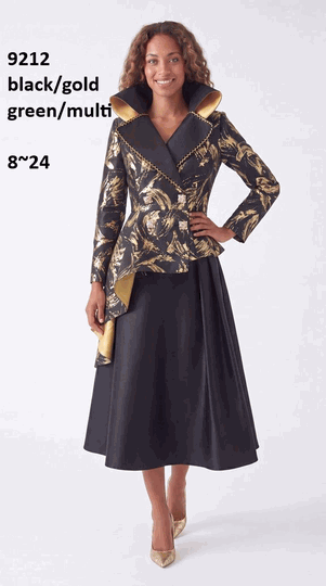 Lusso <br> (Fall/Winter 2026) <br> LU9212 <br><br>Black/Gold  <br>  Green/Multi <br> 8 10 12 14 16 18 20 22 24<br><br>Metallic print high-low peplum jacket w/wide collar & pleated skirt