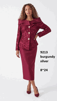 Lusso <br> (Fall/Winter 2026) <br> LU9213 <br><br>Burgundy <br> Silver <br> 8 10 12 14 16 18 20 22 24<br><br>Sequined brocade portrait collar jacket w/solid skirt Lusso <br> (Fall/Winter 2026) <br> LU9213 <br><br>Burgundy <br> Silver <br> 8 10 12 14 16 18 20 22 24<br><br>Sequined brocade portrait collar jacket w/solid skirt