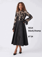 Lusso <br> (Fall/Winter 2026) <br> LU9214 <br><br>Black/Champagne <br> 8 10 12 14 16 18 20 22 24<br><br>Floral & lace pleated front zip midi dress w/stud trim Lusso <br> (Fall/Winter 2026) <br> LU9214 <br><br>Black/Champagne <br> 8 10 12 14 16 18 20 22 24<br><br>Floral & lace pleated front zip midi dress w/stud trim