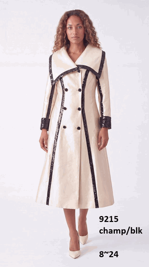 Lusso <br> (Fall/Winter 2026) <br> LU9215 <br><br>Champagne/Black <br> 8 10 12 14 16 18 20 22 24<br><br>Double breasted coat dress w/wide collar & sequin trim