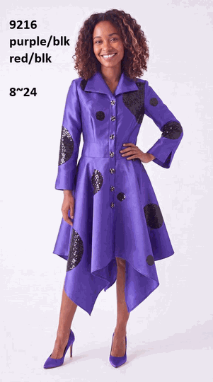 Lusso <br> (Fall/Winter 2026) <br> LU9216-PU <br><br>Purple/Black <br> 8 10 12 14 16 18 20 22 24<br><br>Pleated sequin circles midi dress w/rhinestone buttons & wide collar